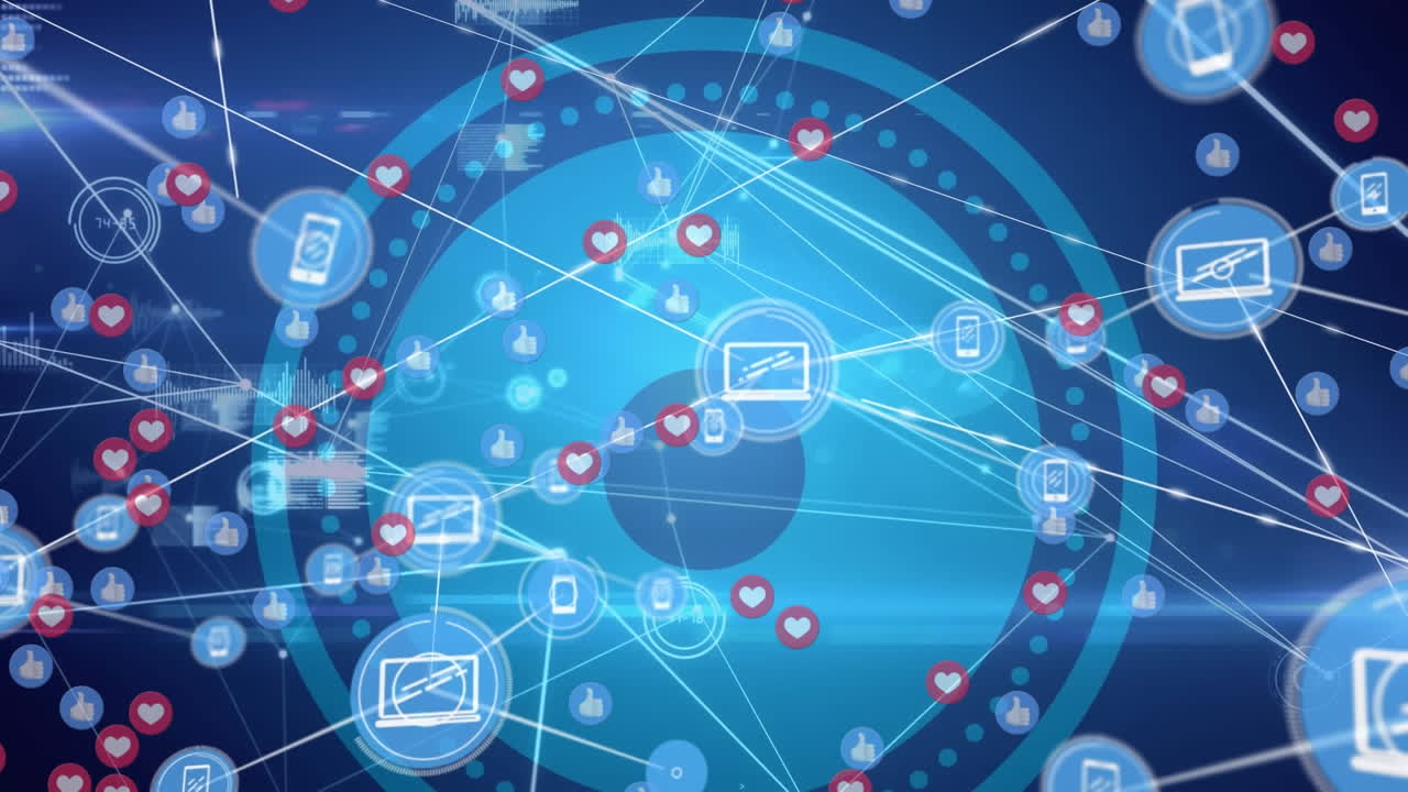 animación de iconos de corazón y pulgar hacia arriba sobre iconos conectados contra círculos en fondo abstracto