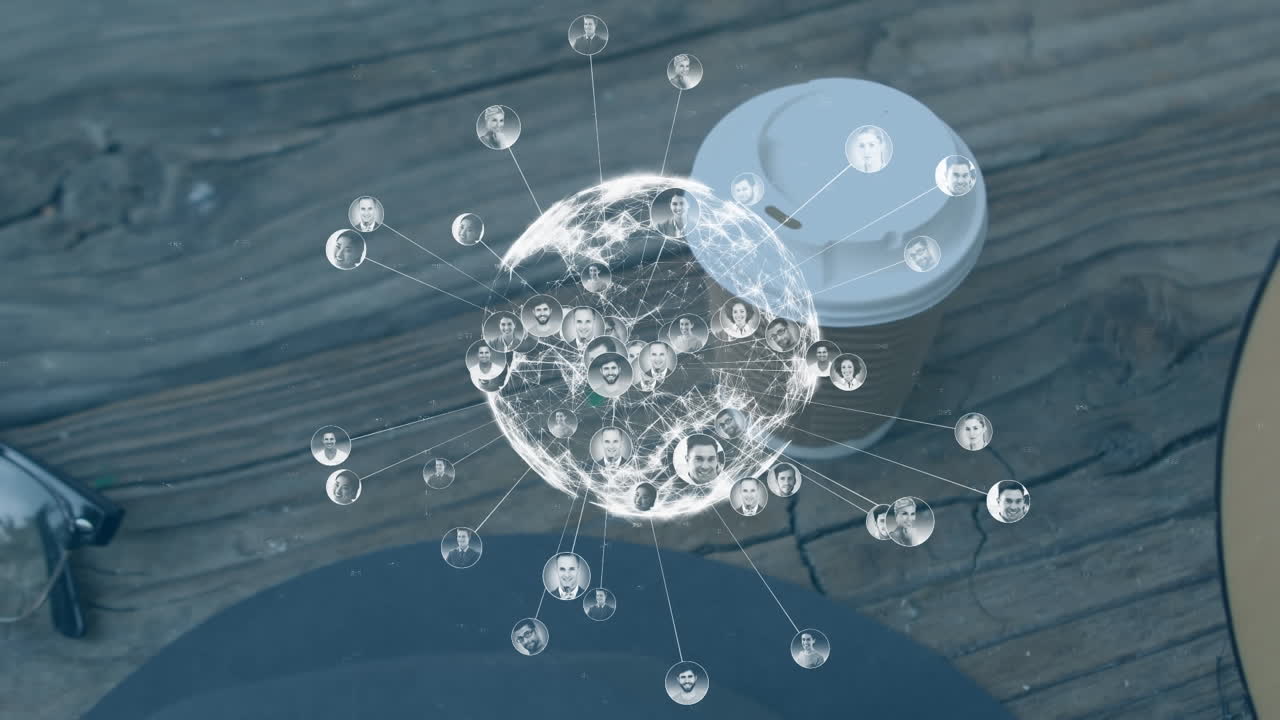 책상 위의 연결 네트워크와 함께 지구의 애니메이션