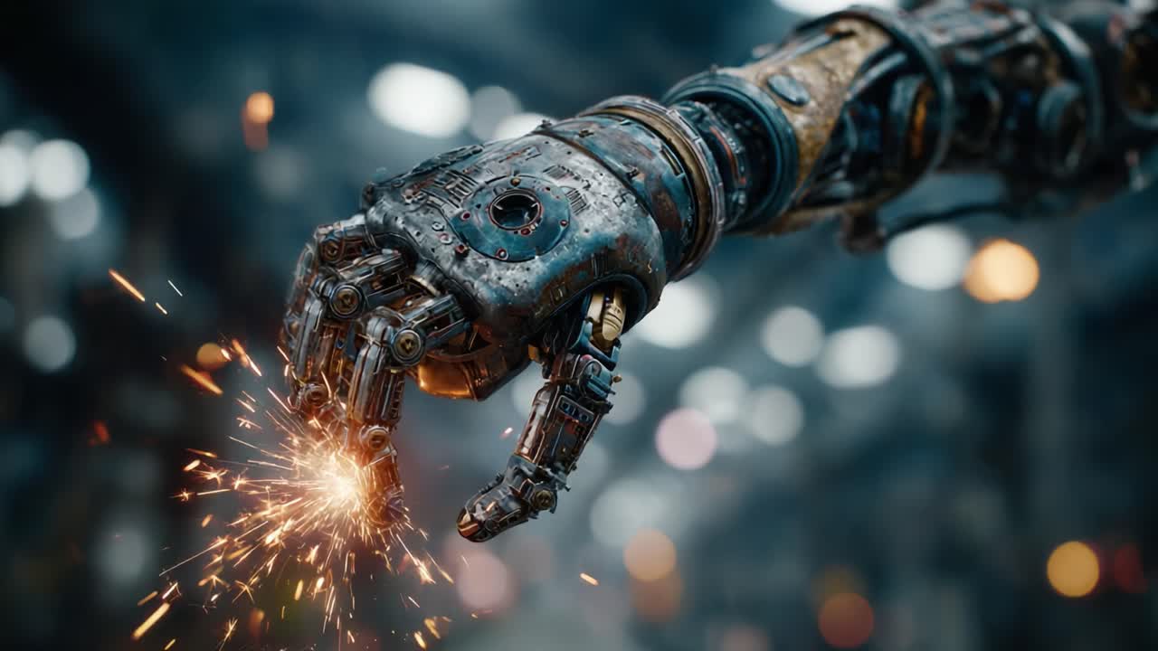 A Close-Up View of a Highly Detailed Robotic Hand Sparking in a Futuristic Setting, Showcasing Advanced Technology and Intricate Design