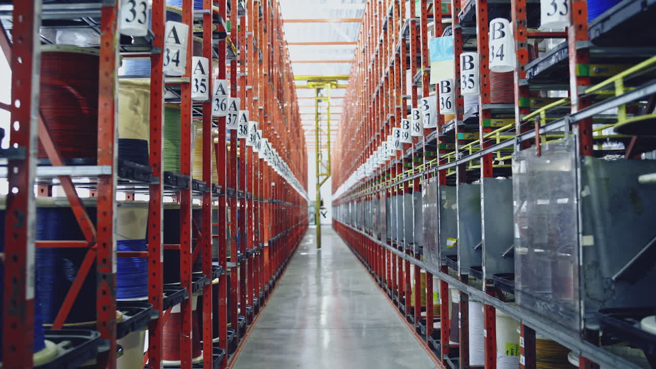 Storage of steel coils of cable. Distribution cable warehouse with high shelves