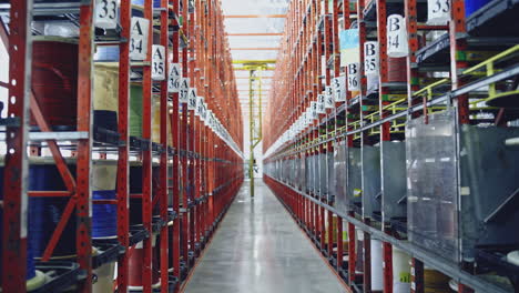 storage of steel coils of cable. distribution cable warehouse with high shelves