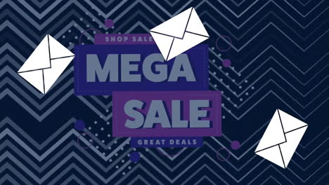 animation of falling envelopes, shop sale now, mega sale, great deals text over abstract pattern