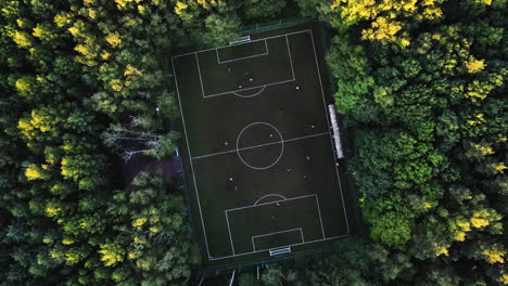 Vista-Aérea-Sobre-Un-Campo-De-Fútbol-En-Medio-De-árboles-Iluminados-Por-El-Sol:-De-Arriba-Hacia-Abajo,-Disparo-Con-Drones