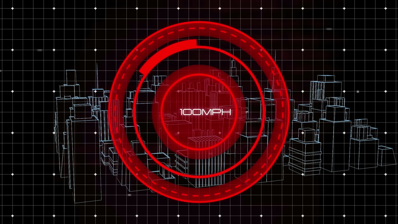 Animation of data processing over city on black background