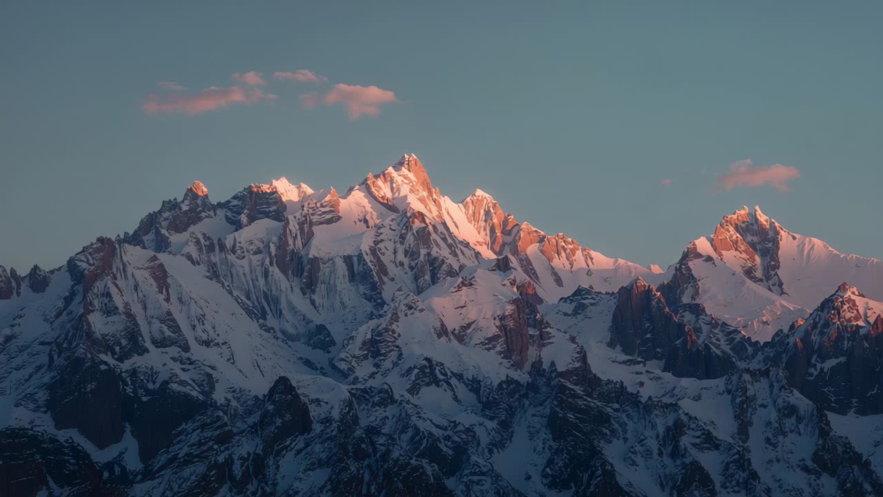 Sol se pondo no horizonte, banhando picos cobertos de neve com brilho alpino rosa enquanto as nuvens se movem
