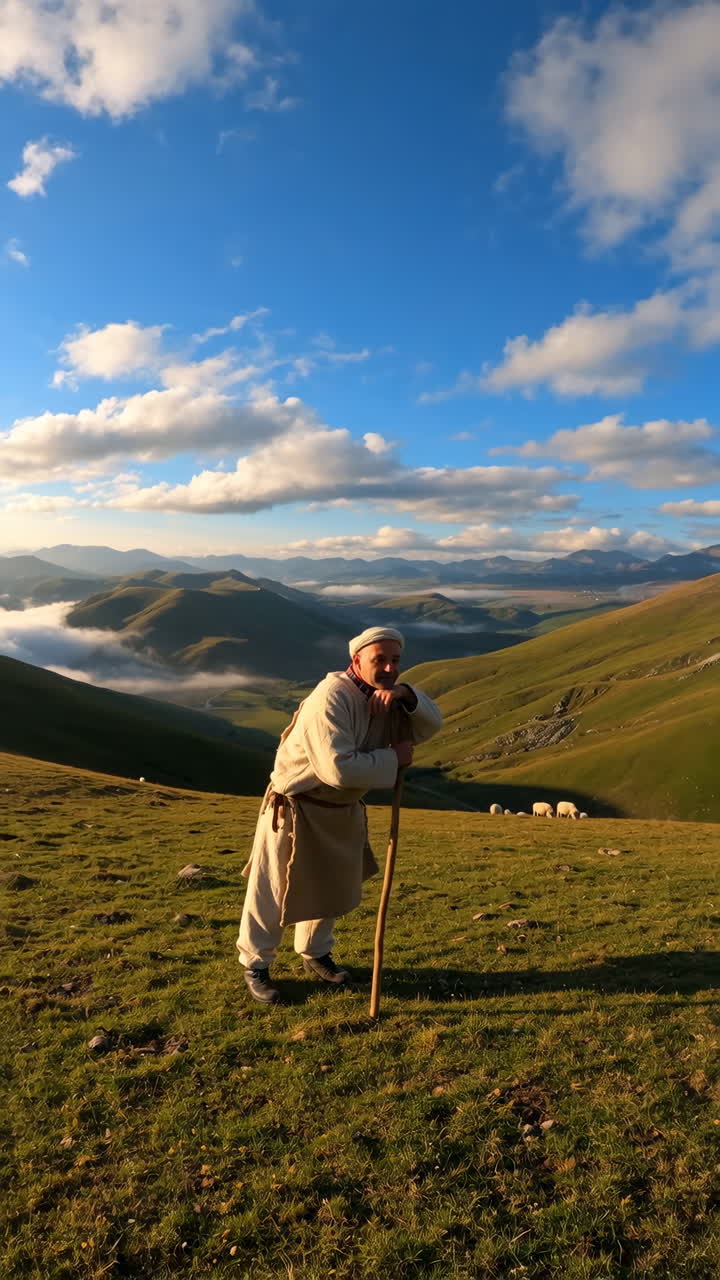 Shepherd in a scenic mountain landscape with sheep