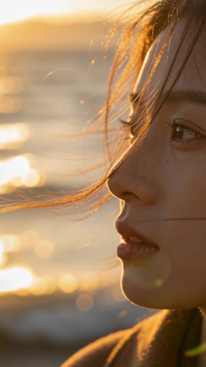 Vertical video: Pulling back showing woman gazing at lit sea, hair moving, coat, spray, copy space