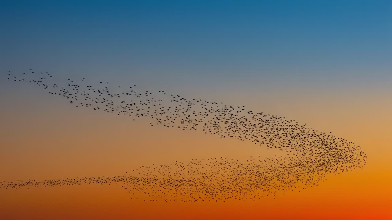 A mesmerizing display of bird flocking patterns against a vibrant sunset sky, showcasing the beauty of nature and the intricate movements as birds harmoniously merge into stunning formations