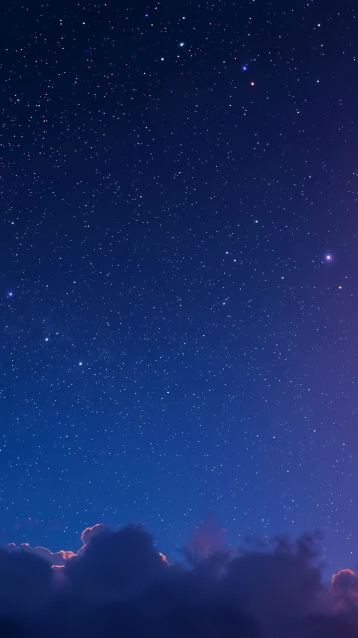 Vertical video: Showing twilight rising, starry sky twinkling above clouds, pink rim, planets right