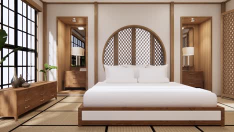circle shelf wall design on bedroom japanese deisgn with tatami mat floor. 3d rendering