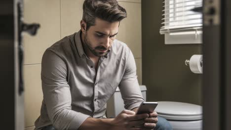 man using phone in bathroom