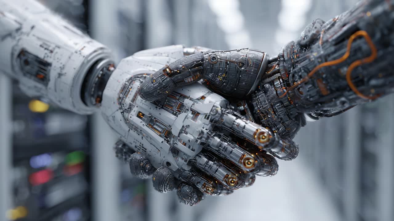 A Close-Up of Two Advanced Robotic Hands Shaking in a Futuristic Data Center, Symbolizing Cooperation Between Technology and Humanity