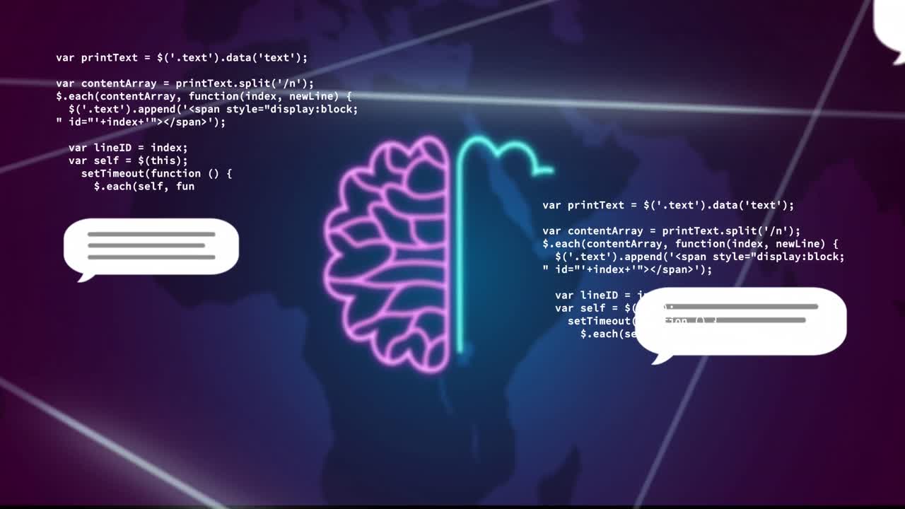 세계 지도 위의 ai 데이터 처리 및 아이콘의 애니메이션