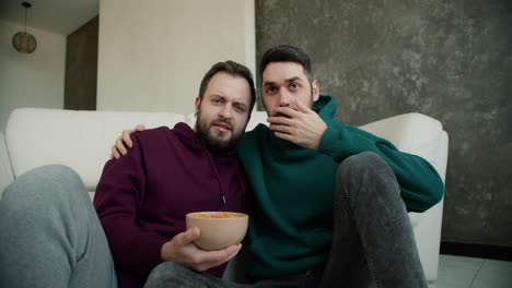 excited gay guys watching horror movies on tv, embracing