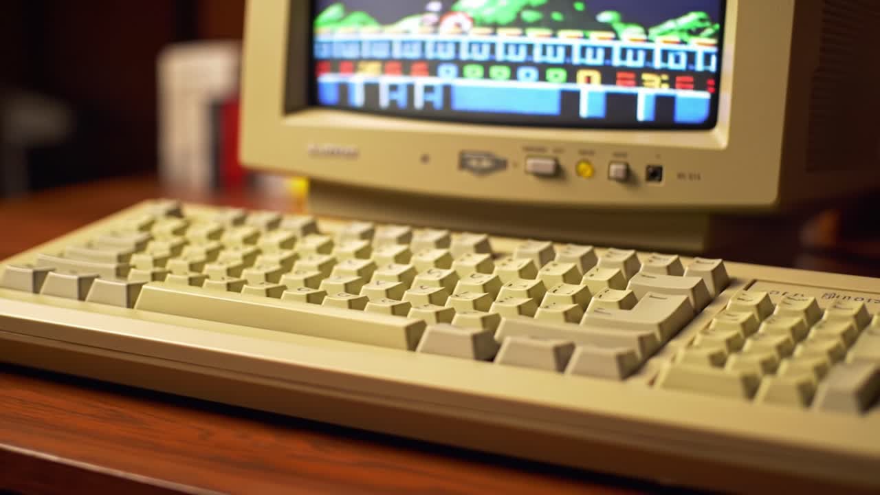 A Close-Up View of a Retro Computer Setup with an Iconic Monitor and Keyboard Displaying Colorful Graphics, Capturing the Essence of Classic Computing Technology