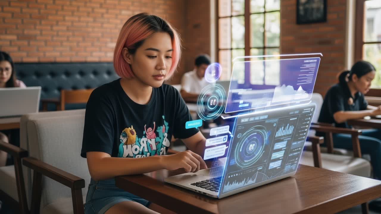 A Young Woman Engaged in Advanced Data Analysis and Visualization on a Laptop in a Modern Café Setting, Featuring Futuristic Digital Interfaces and Statistics