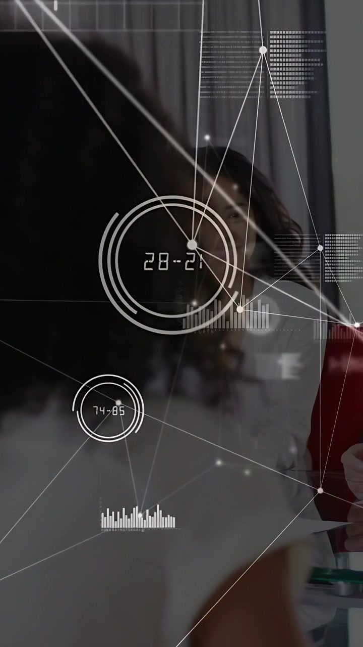 Vertical video: Woman facing business team camera panning HUD linking peer writing with blue pen