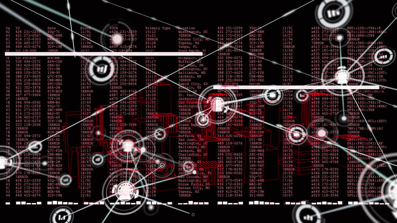 Animation of network of connections with icons and data processing on black background