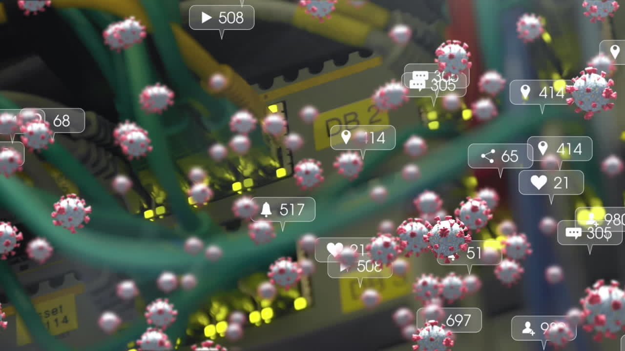 여러 코로나19 세포와 디지털 아이콘이 컴퓨터 서버의 클로즈업에 대해 증가하는 숫자를 나타 ⁇ 니다.