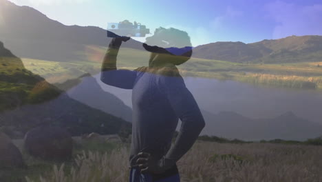 male athlete pausing hydration in outdoor field, featuring animated health data and hydration chart