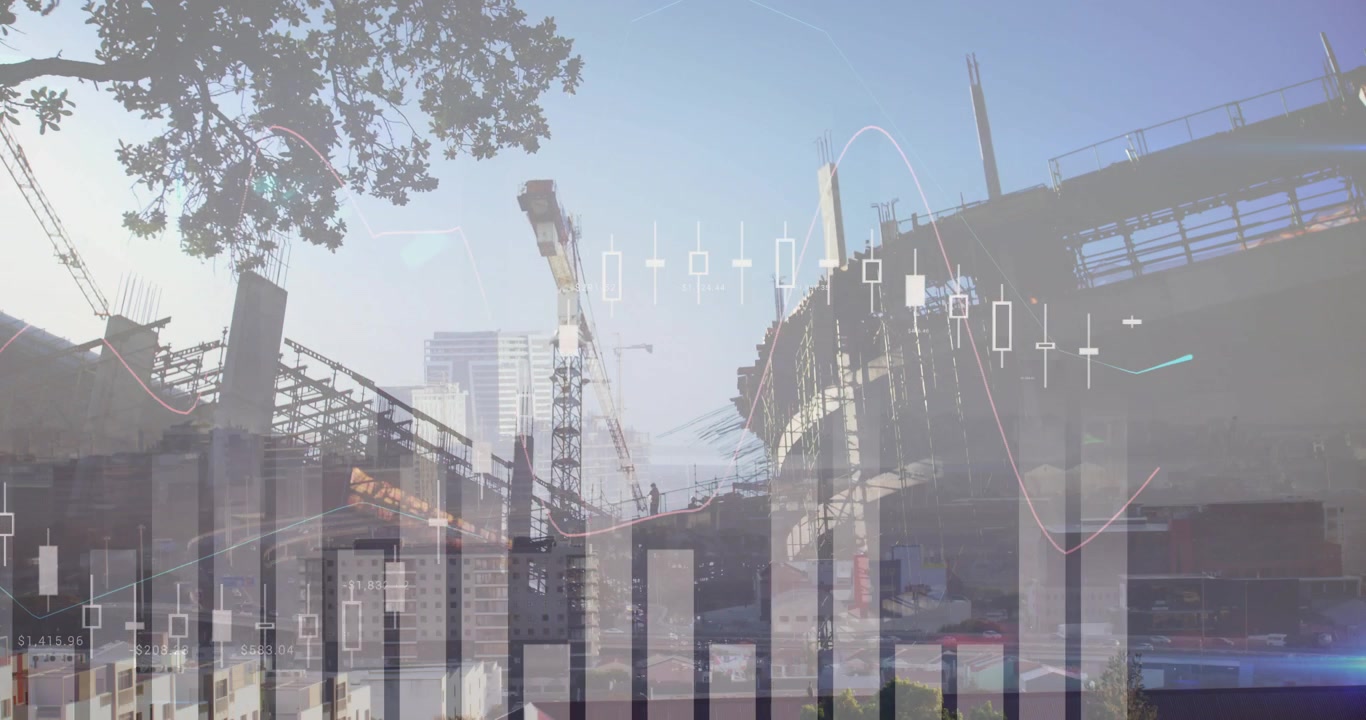 Chantier de construction avec superposition de données financières.