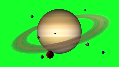 planeta saturno con satélites en pantalla verde. planeta de gas gigante aislado que tiene anillo, girando en el canal alfa.