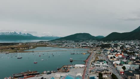 Aerial-View-Of-Ushuaia-City-And-Port-In-Tierra-del-Fuego-In-Argentina,-Patagonia