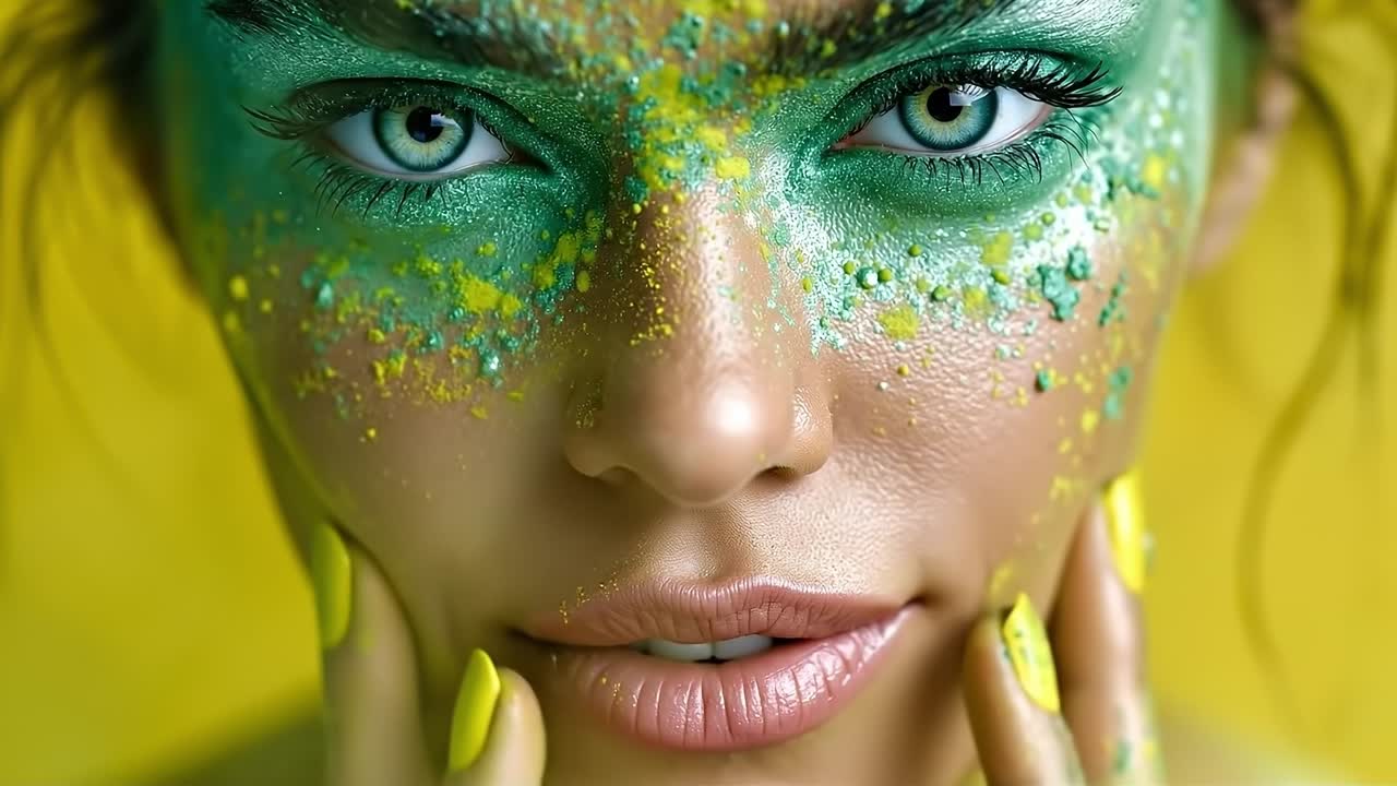 A woman with green and yellow makeup on her face
