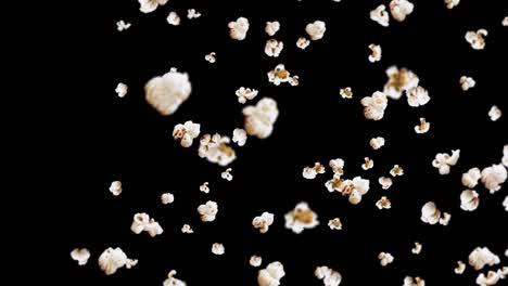 flying many popcorns on black background. white salty popcorn. healthy food. corn seed. 3d loop animation of popcorn rotating.