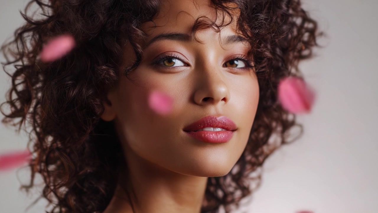Captivating Close-Up of a Young Woman with Curly Hair Surrounded by Colorful Petals, Emphasizing Her Natural Beauty and Expressive Features