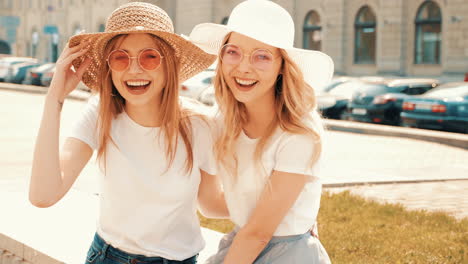 two happy young women in summer outfits