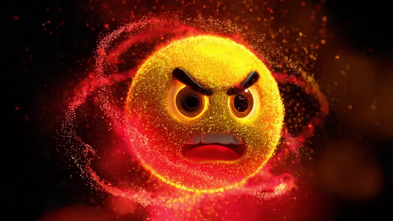 A vibrant and fiery animated emoji expressing intense anger, surrounded by swirling particles that enhance its fierce expression and dramatic visual impact in a captivating digital art style