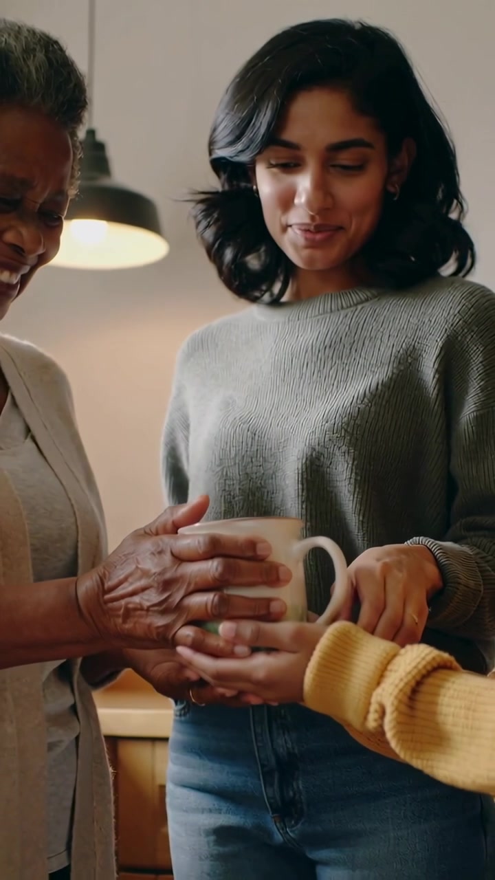 Vertical video: Offering woman helping senior holding big mug in kitchen under lamp, green sweater