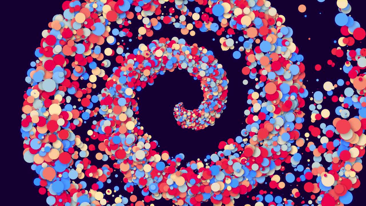 스피럴 구조: 다채로운 둥근 입자가 터에서 평면으로 날아갑니다, 입자는 아름다운 배경을 형성합니다. 알파 채널로 루마 매트. 간단한 창의적 배경. 빨간색 파란색.