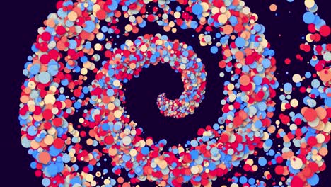 estructura en espiral. partículas redondas multicolores vuelan desde el emisor en el plano, las partículas forman un hermoso fondo. luma mate como canal alfa. fondo creativo simple. colores rojos azules.