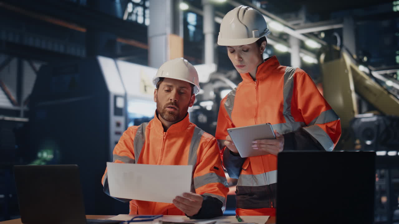 Two busy engineers working in industrial workshop. Woman technician looking