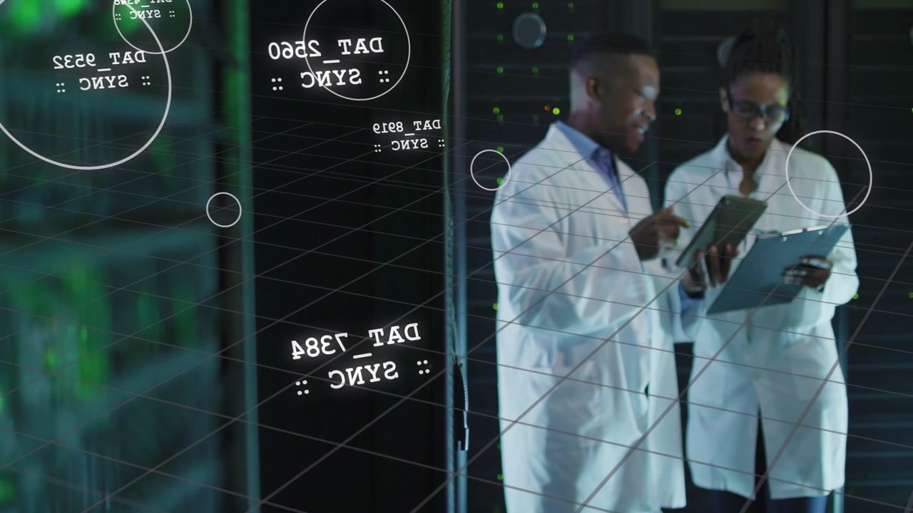 Vertical video: Two techs noting tablet on SYNC flag, consulting data center racks with HUD overlay