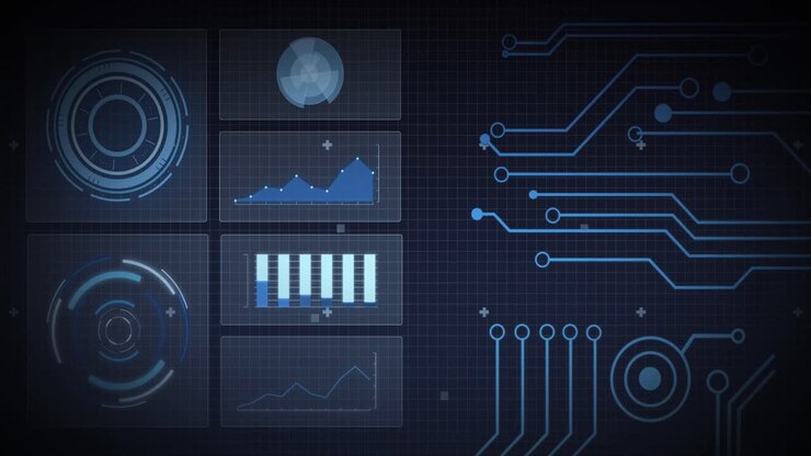 Animation of scope scanning, processor elements and data processing on screens over grid