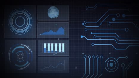 animation of scope scanning, processor elements and data processing on screens over grid