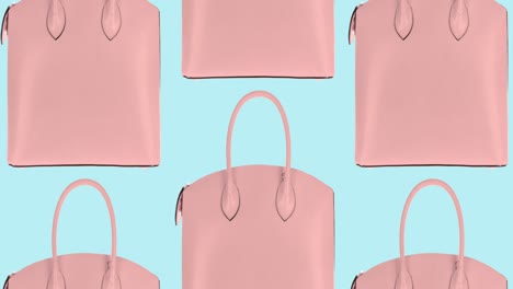 4k women's handbags moving vertically changing color on blue background.