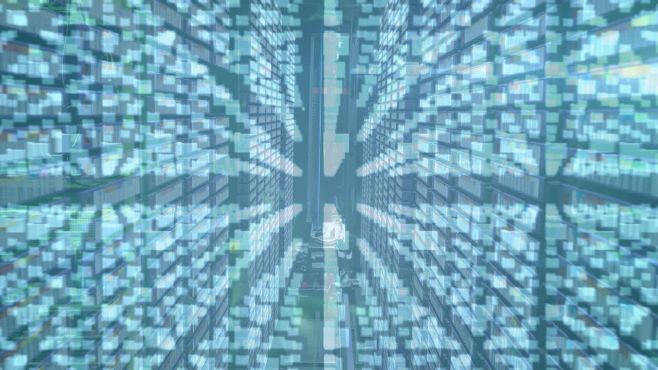 Animation of data processing and online security padlock with circuit board over computer servers