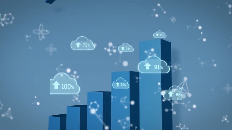 Animation of clouds with numbers over graphs and arrow on blue background