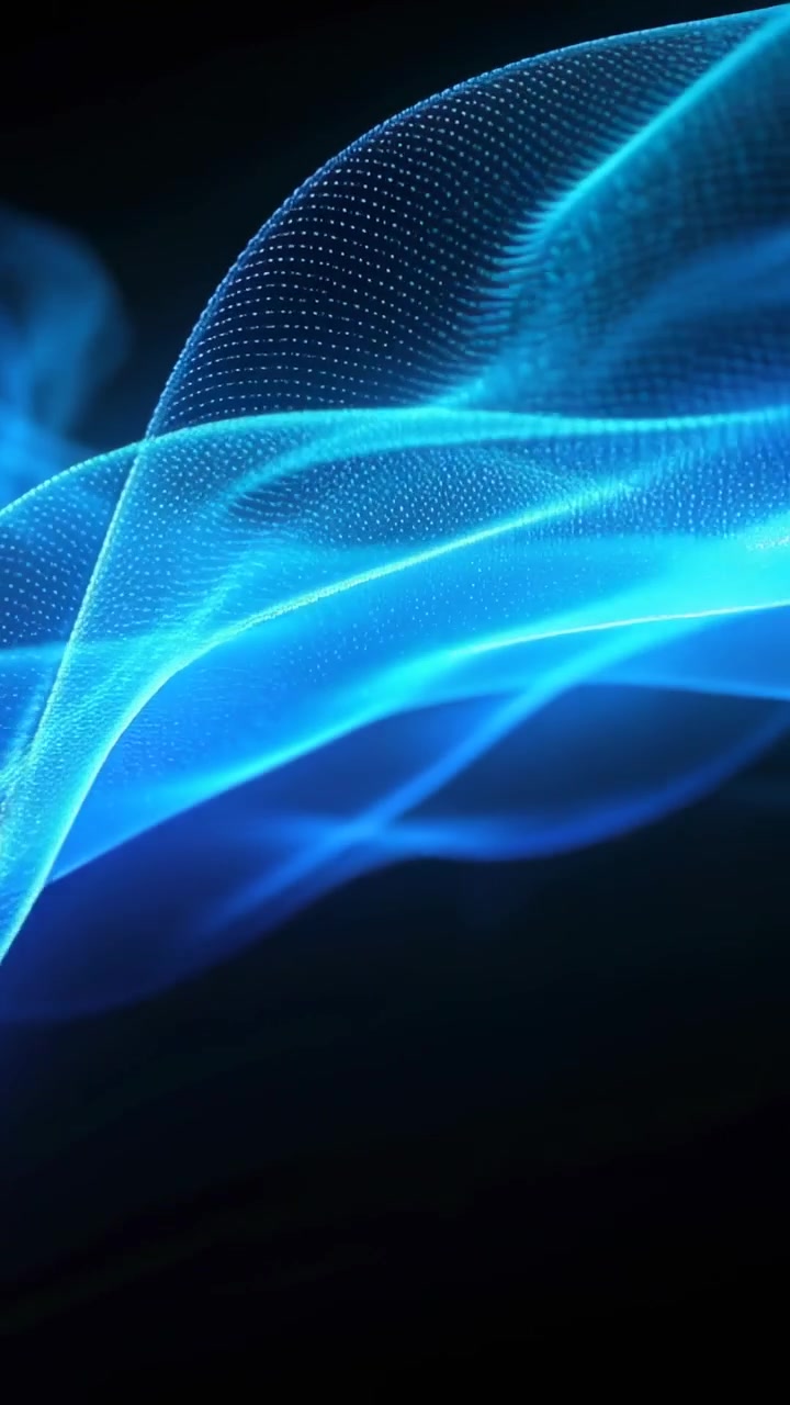 Vertical video: Looping blue ribbon weaving across black void with dotted mesh and wisps deepening