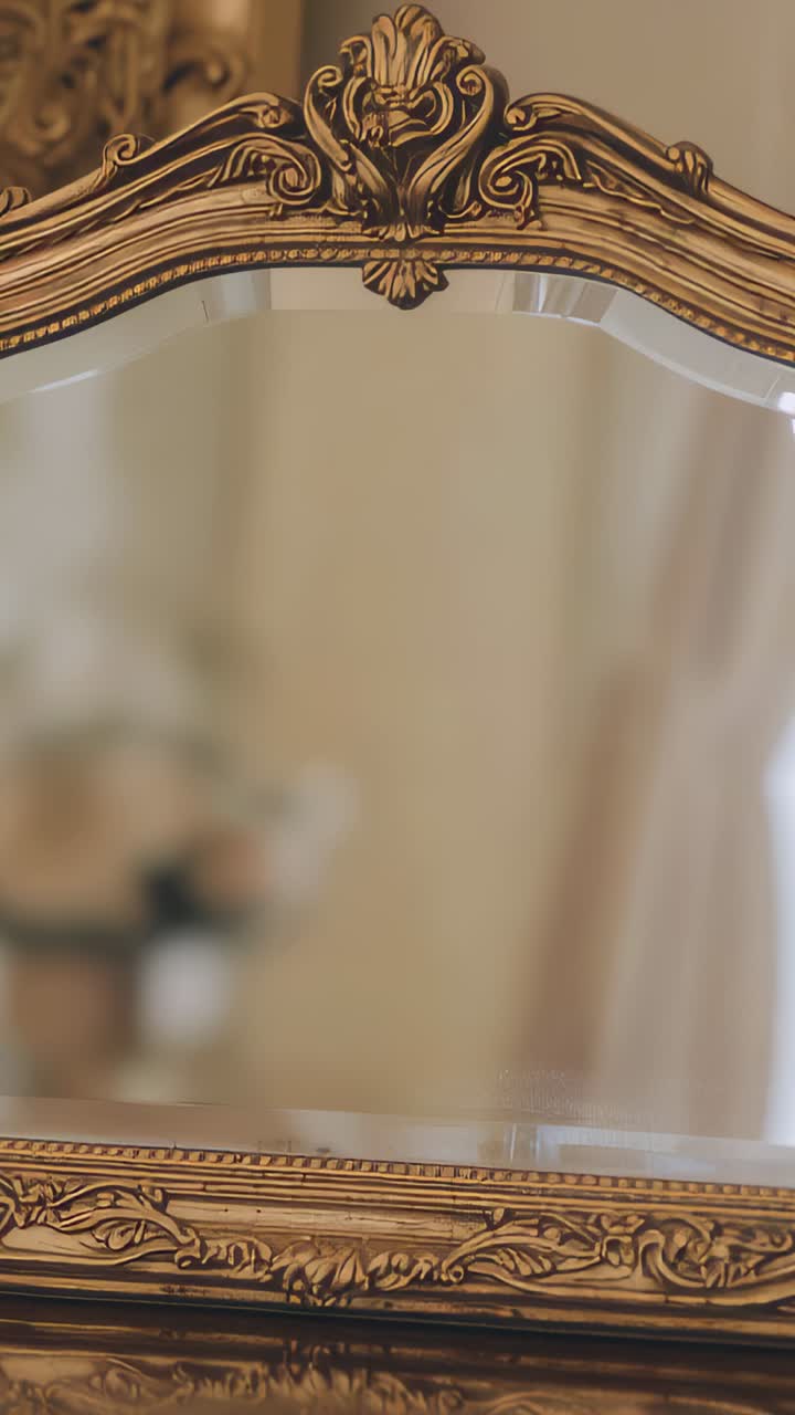 Video verticale: fotografo con giacca scura che entra in uno specchio dorato e solleva una DSLR per inquadrare lo scatto