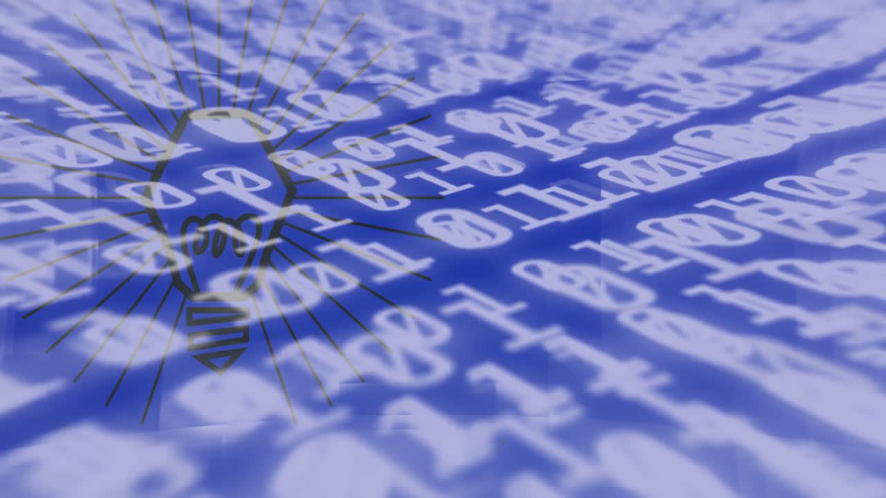 Animation of bulb over hexadecimal code on blue background