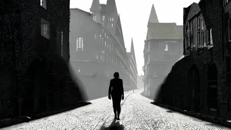 a lone figure walks down a foggy, cobblestone street in a city with tall, gothic buildings