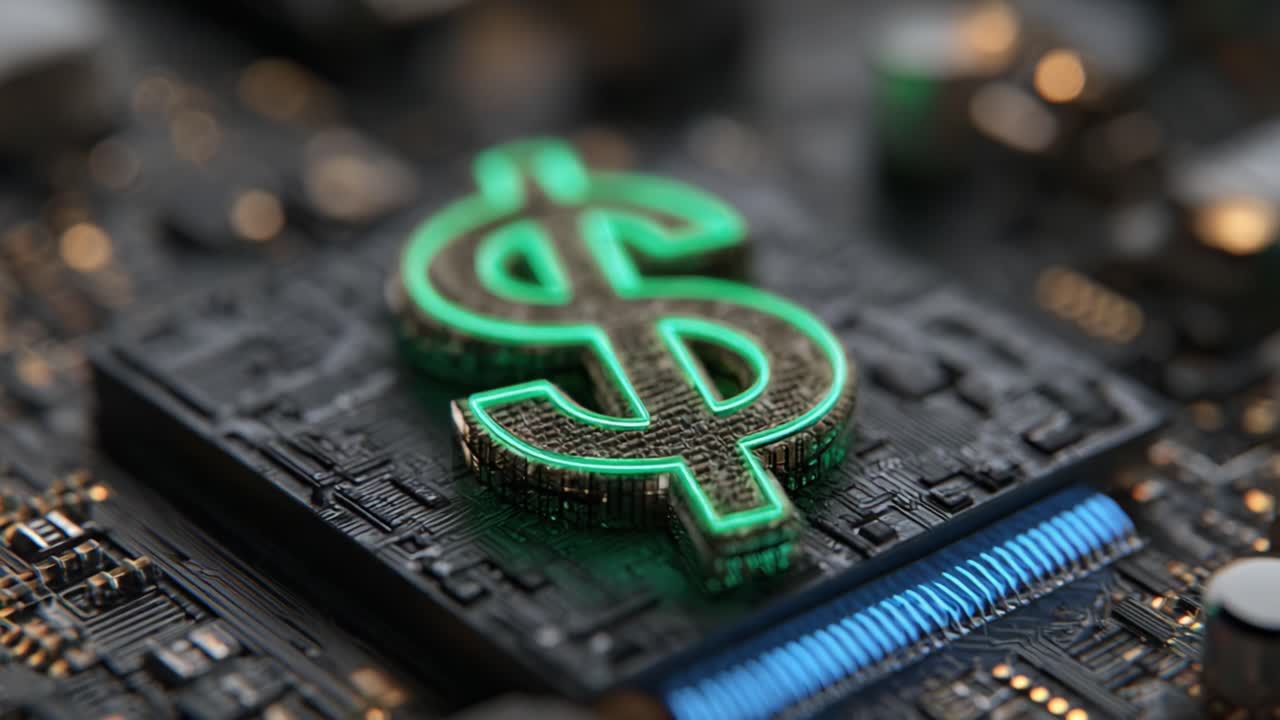A Close-Up View of a Luminescent Dollar Sign on a Circuit Board, Highlighting the Intersection of Cryptocurrency and Technology in Modern Financial Systems