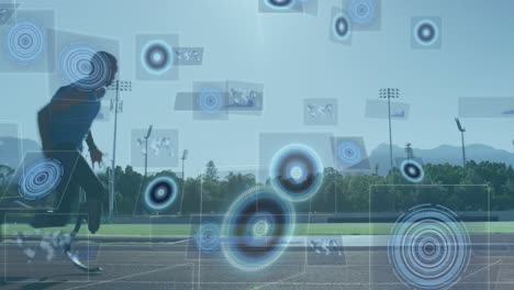 animación del procesamiento de datos digitales sobre un atleta masculino discapacitado con cuchillas de correr en la pista de carreras