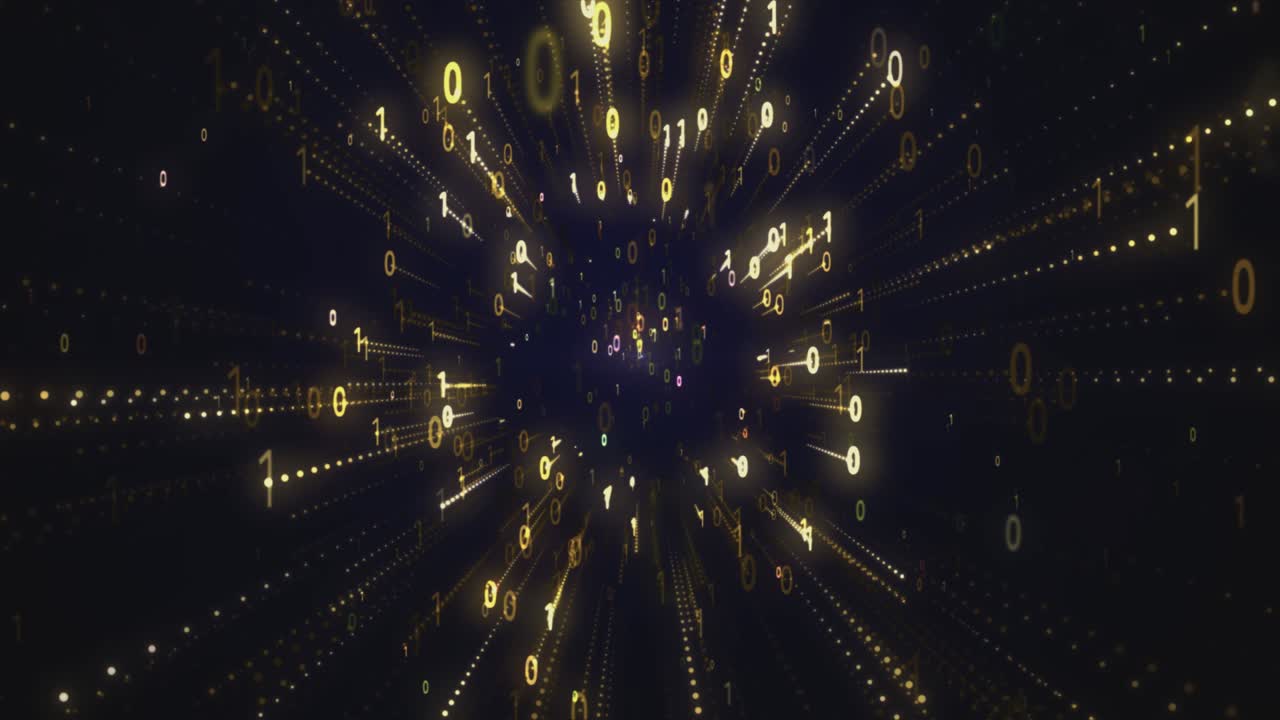 이진 코드 검은색과 황금색 배경, 화면에 움직이는 숫자, 디지털 시대의 개념, 알고리즘 이진, 데이터 코드, 해독 및 인코딩, 배경, 스 비디오