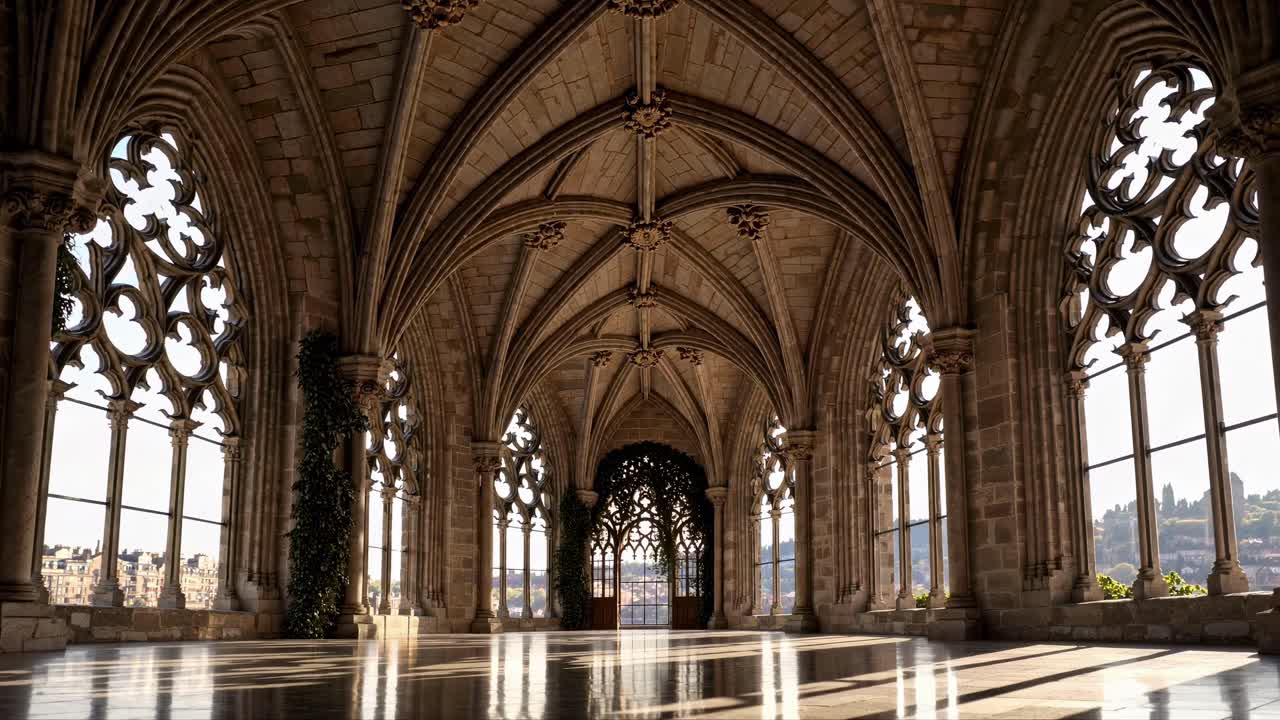 Gothic architecture with high arches and intricate details, captured from a low-angle